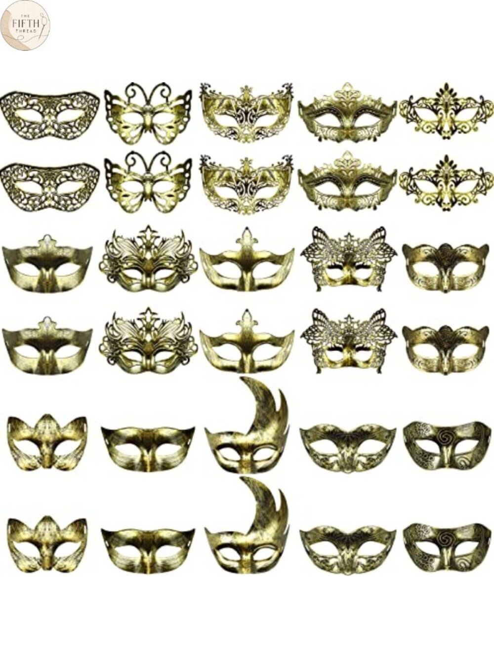 30 Pcs Masquerade Masks with Straps for Women Men, Gold Plastic